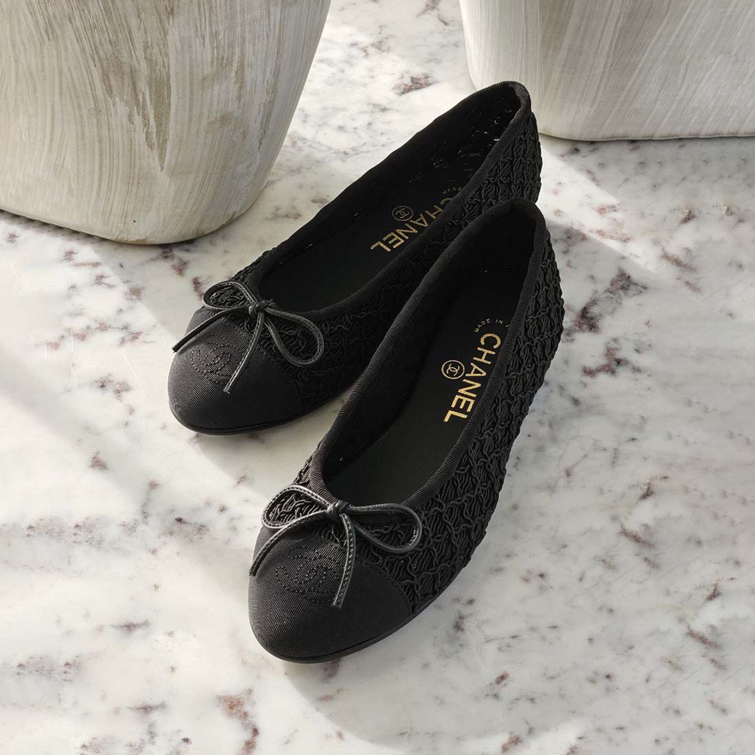 Chanel Inspired Black Tweed Ballet Flats