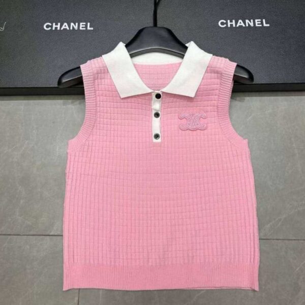 CELINE Sleeveless Knit Polo Top