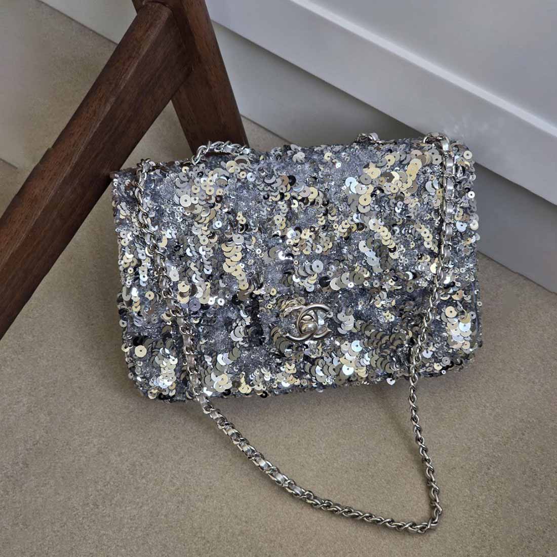Chanel Flap Bag  Silver Sequins