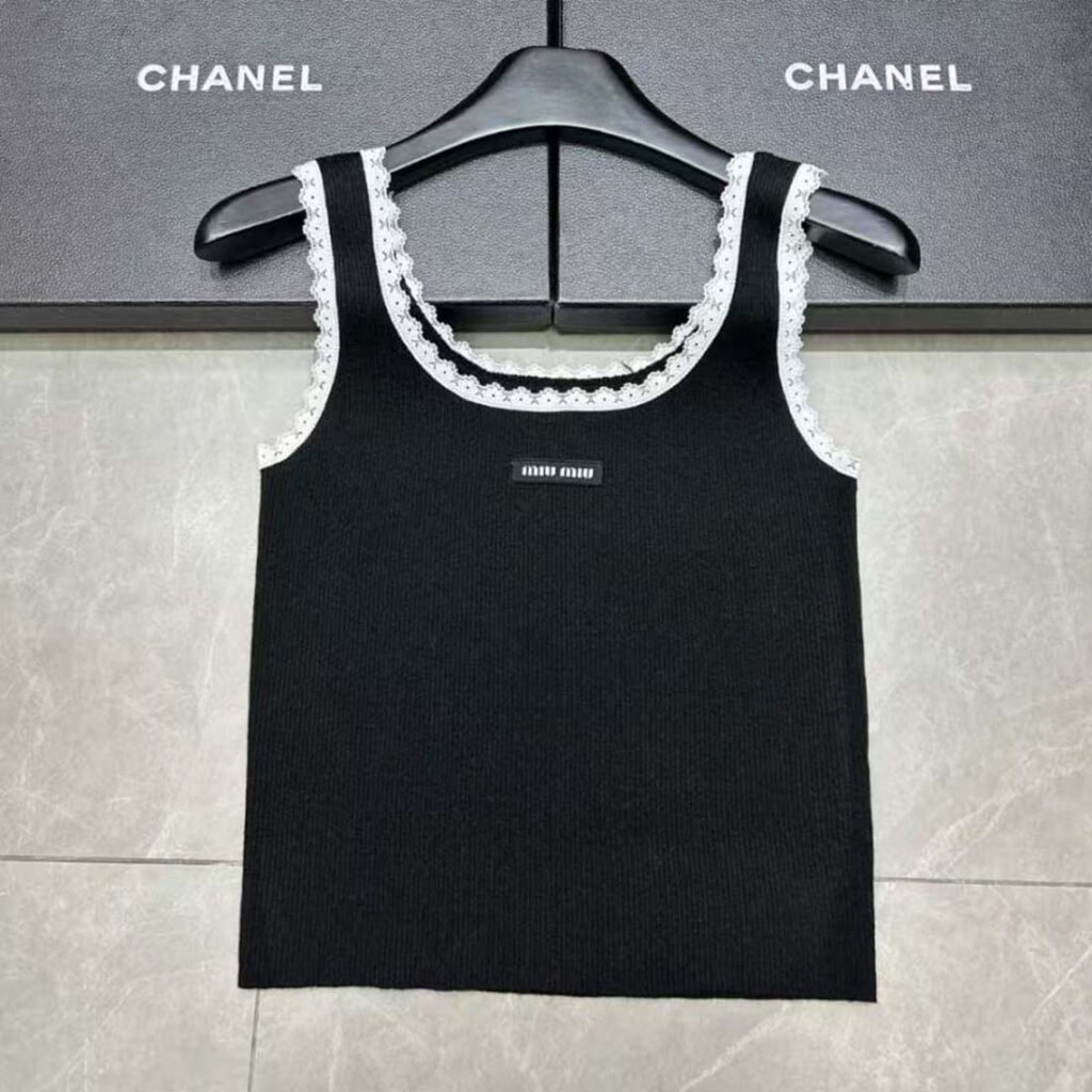 Miu Miu Lace Trim Logo Tank Top