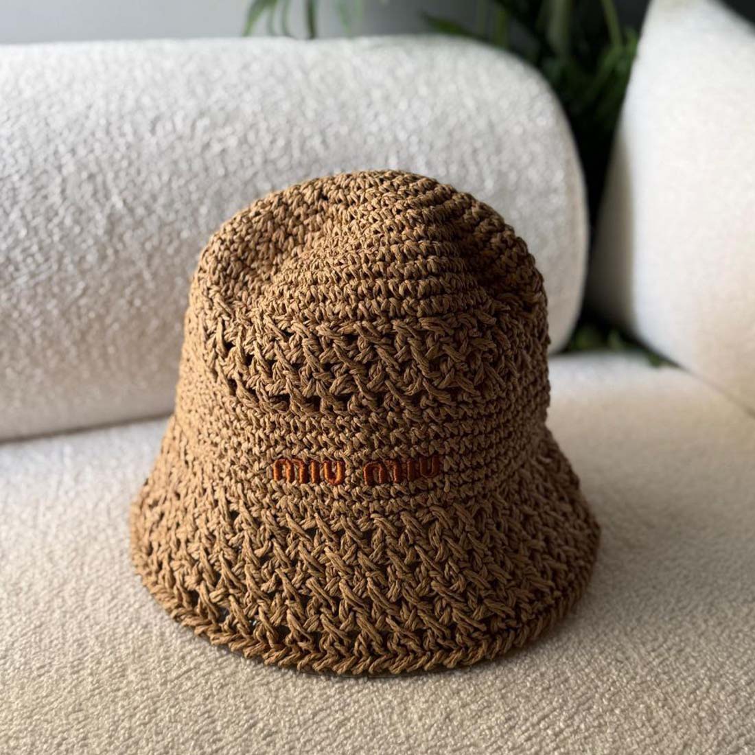 Miu Miu Raffia Bucket Hat with Wide Brim