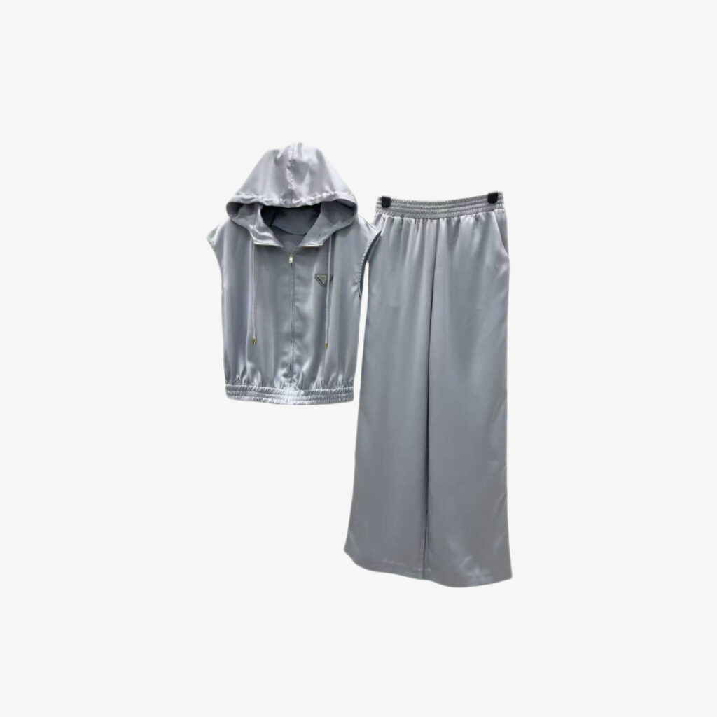 Prada Satin Sleeveless Hoodie & Wide-Leg Pants Set