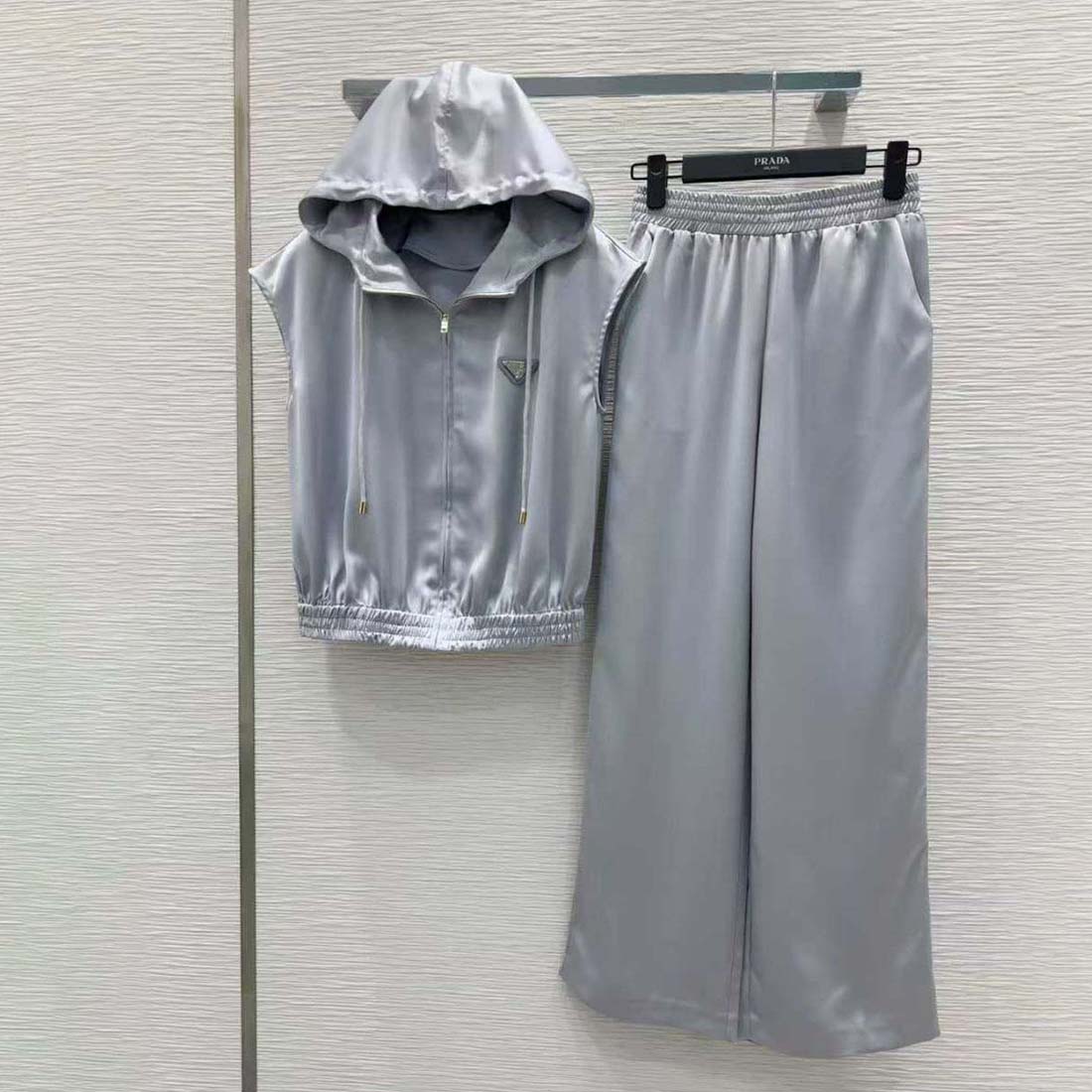 Prada Satin Sleeveless Hoodie & Wide-Leg Pants Set