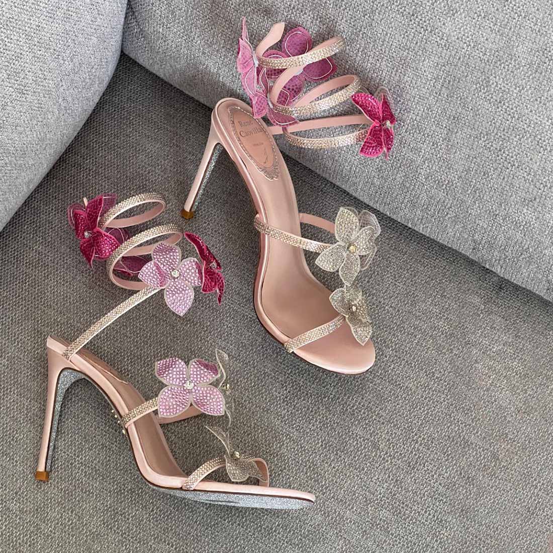 Rene Caovilla Floriane Crystal Flowers Ankle-Wrap Sandals