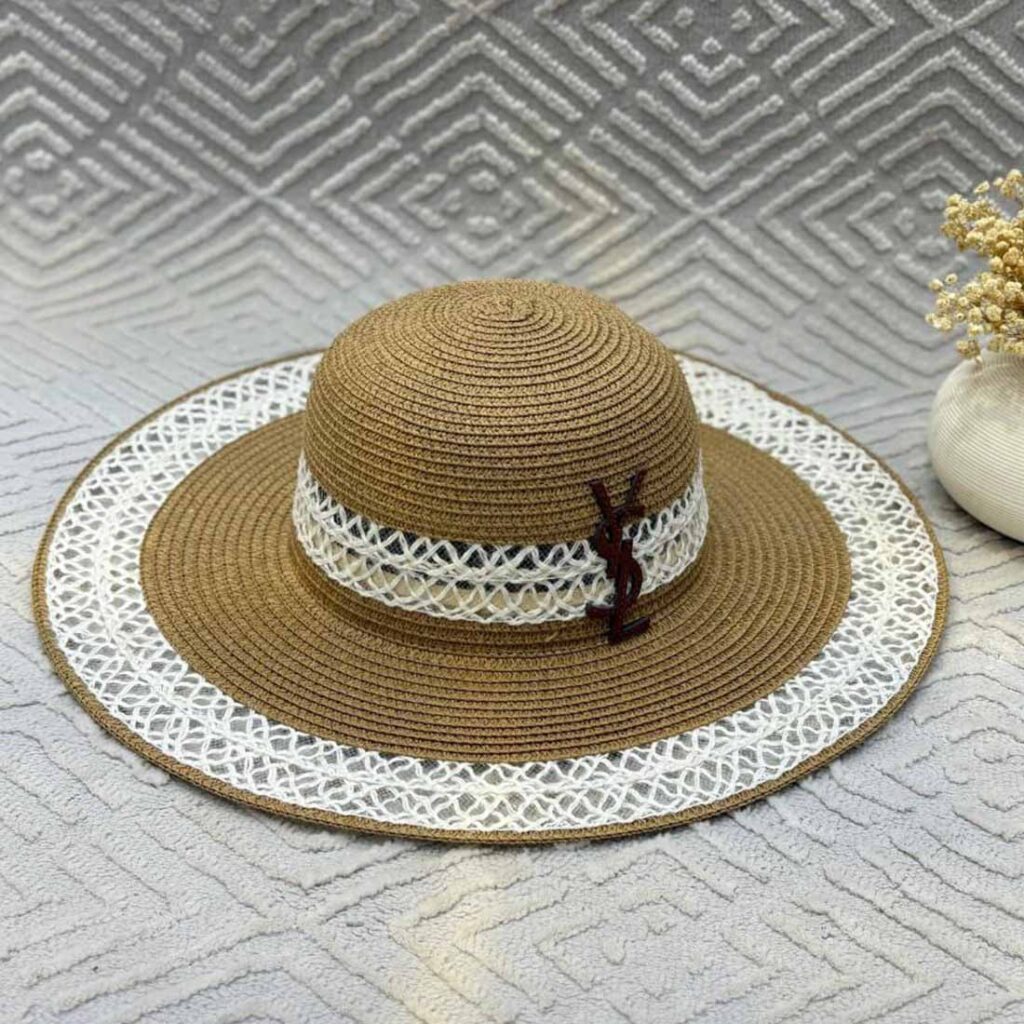 Saint Laurent Raffia Wide Brim Hat with YSL Logo