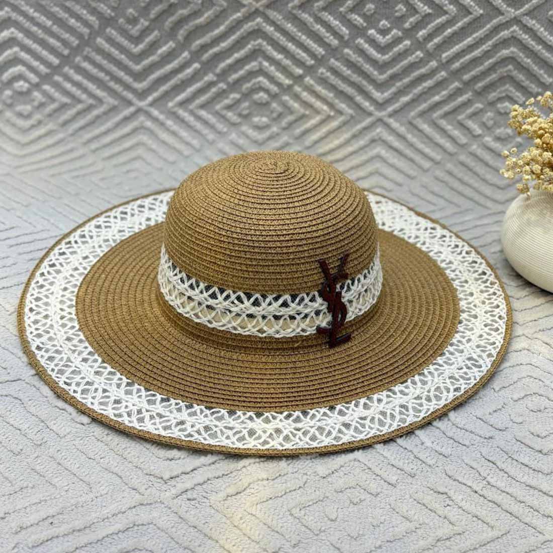 Saint Laurent Raffia Wide Brim Hat with YSL Logo