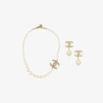 Chanel CC Logo Classic Pearl Choker Necklace & Earrings Set