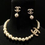 Chanel CC Logo Classic Pearl Choker Necklace & Earrings Set
