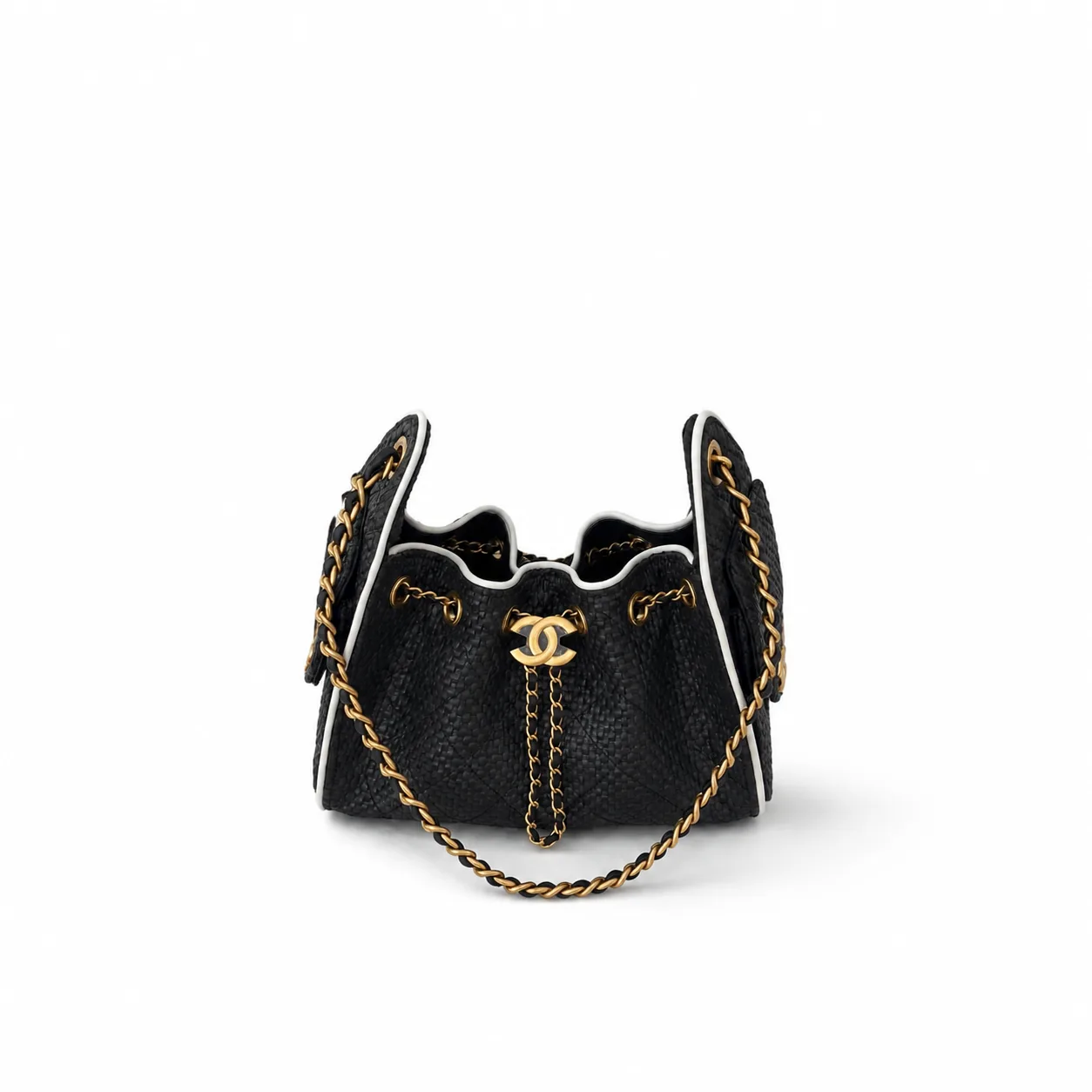 Chanel Small 25 Hobo Bag Black Raffia & White Calfskin