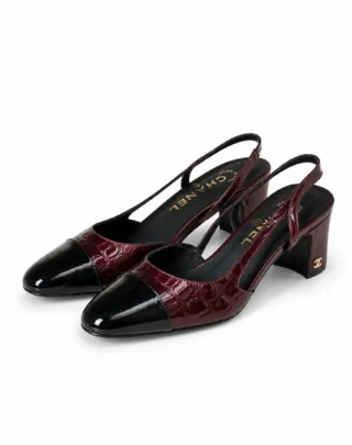 CHANEL Croc-Embossed Patent Leather Cap-Toe Slingback Pumps