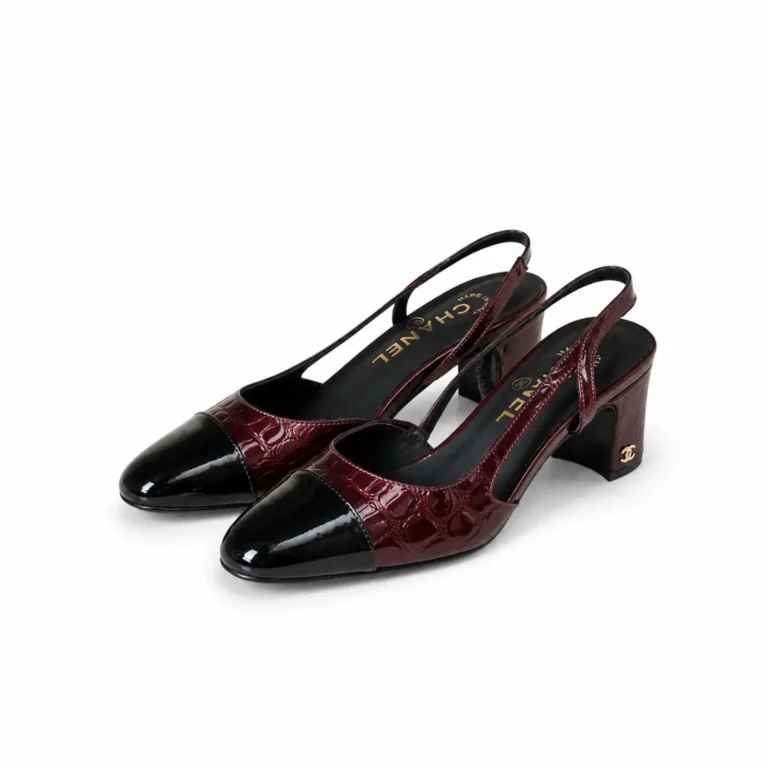 CHANEL Croc-Embossed Patent Leather Cap-Toe Slingback Pumps