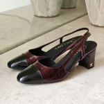 CHANEL Croc-Embossed Patent Leather Cap-Toe Slingback Pumps Burgundy