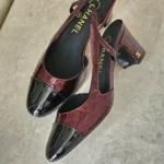 CHANEL Croc-Embossed Patent Leather Cap-Toe Slingback Pumps Burgundy 2
