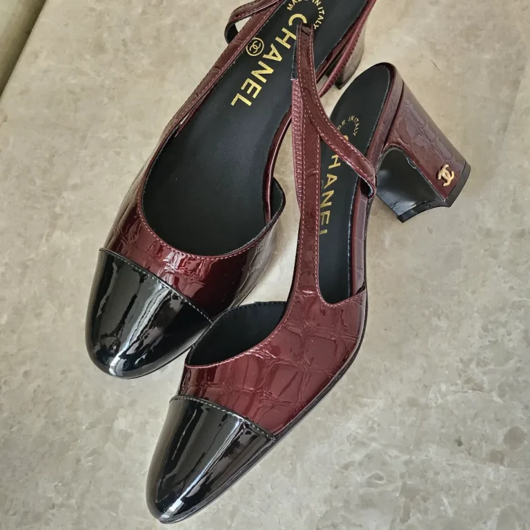 CHANEL Croc-Embossed Patent Leather Cap-Toe Slingback Pumps Burgundy 2