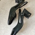 CHANEL Croc-Embossed Patent Leather Cap-Toe Slingback Pumps Dark Green