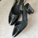 CHANEL Croc-Embossed Patent Leather Cap-Toe Slingback Pumps Dark Green 2