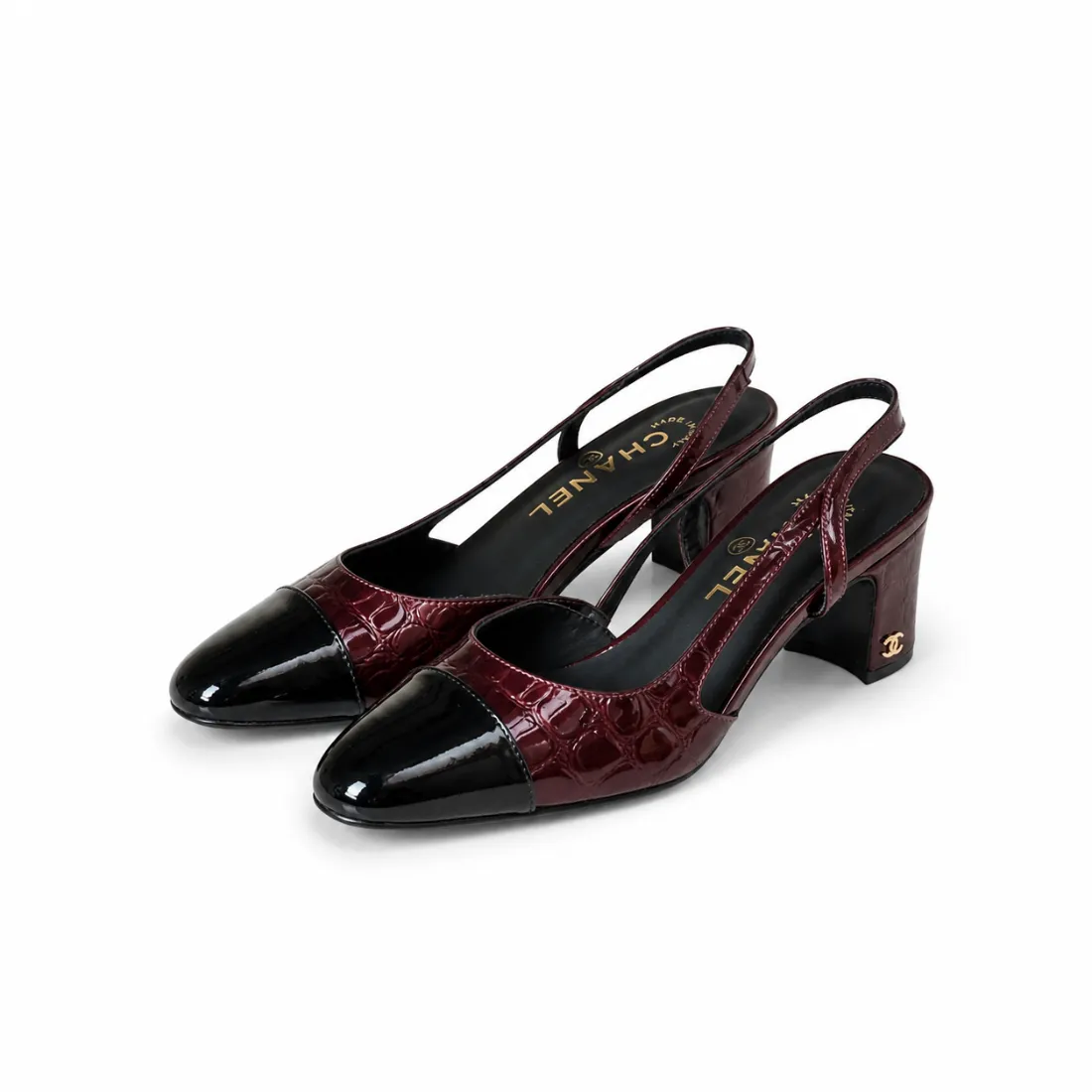 CHANEL Croc-Embossed Patent Leather Cap-Toe Slingback Pumps CHANEL Croc-Embossed Patent Leather Cap-Toe Slingback Pumps