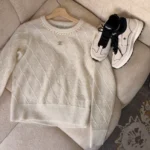 Chanel Diamond Quilted Chain-Trim Knit Pullover Beige