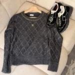 Chanel Diamond Quilted Chain-Trim Knit Pullover Black
