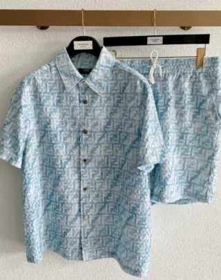FENDI FF Jacquard Shirt & Shorts Set Light Blue 2