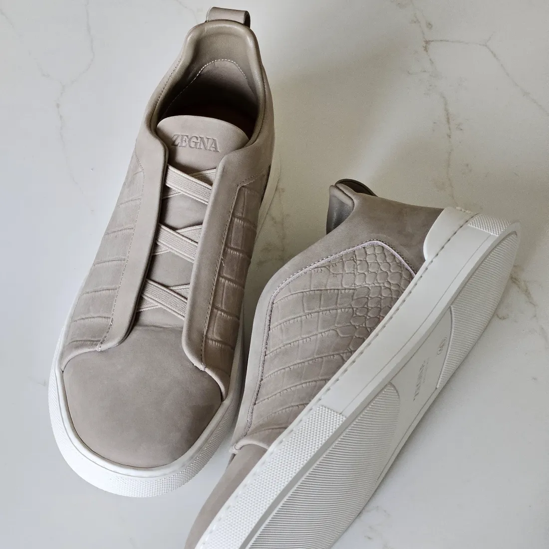 ZEGNA Triple Stitch Alligator & Nubuck Leather Sneakers Beige 2