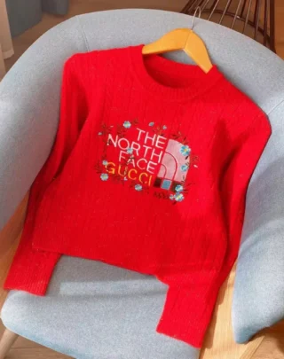 Gucci x The North Face Embroidered Cable-Knit Sweater red