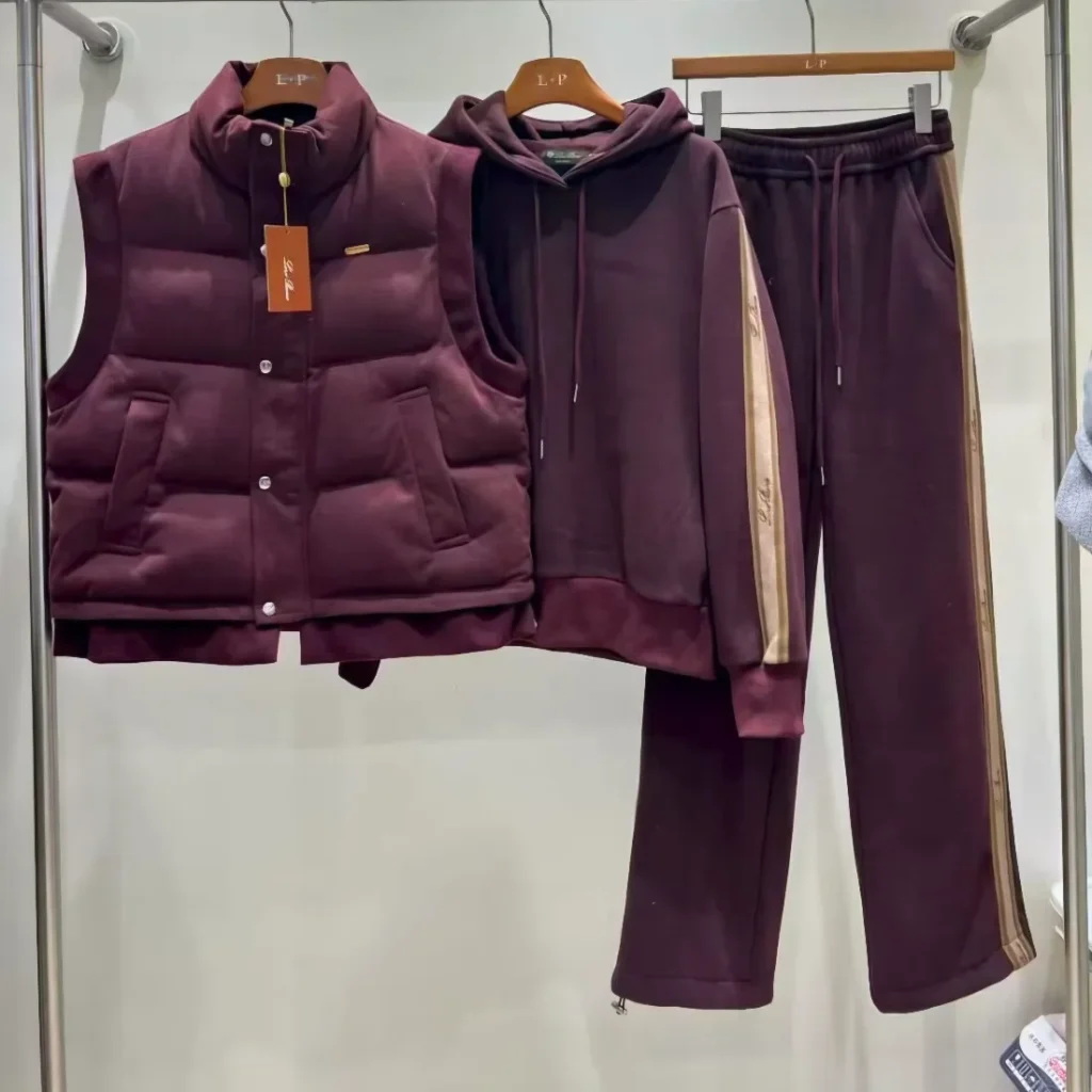 Loro Piana Signature Side-Stripe 3-Piece Tracksuit & Gilet Set Burgundy 2