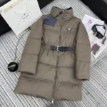 Prada Signature Belted Puffer Coat Dark beige