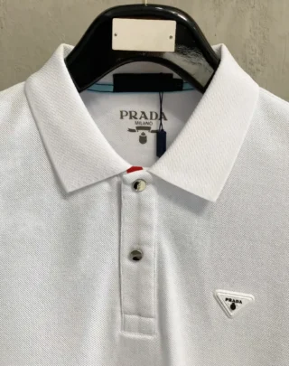 Prada Triangle Logo Piqué Polo Shirt White 3