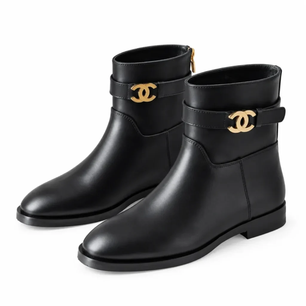 Chanel CC Buckle Leather Ankle Boots