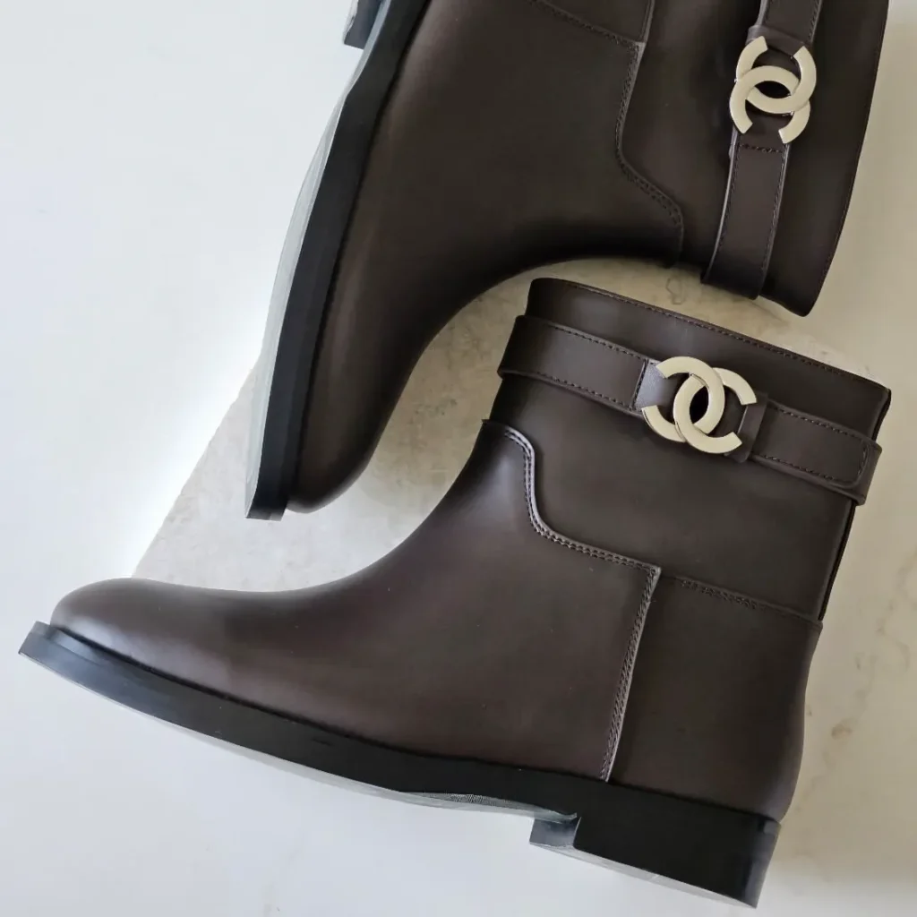 Chanel CC Buckle Leather Ankle Boots Brown