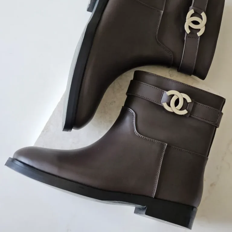 Chanel CC Buckle Leather Ankle Boots Brown