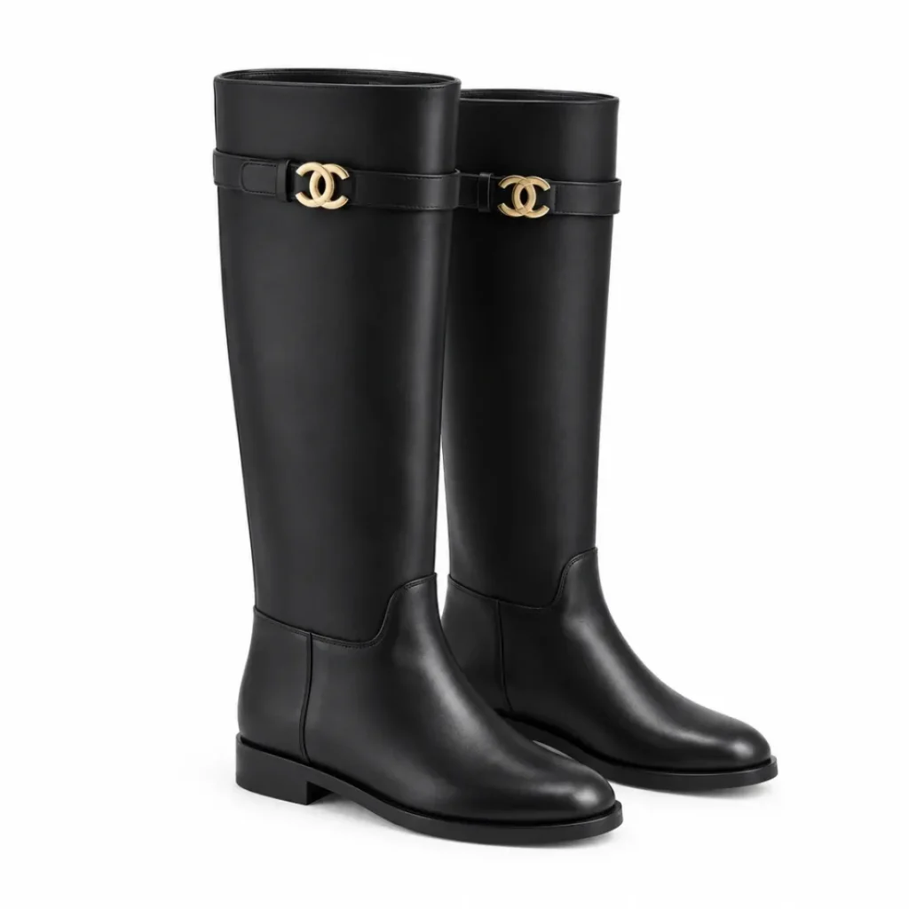 Chanel CC Buckle Leather Knee-High Boots