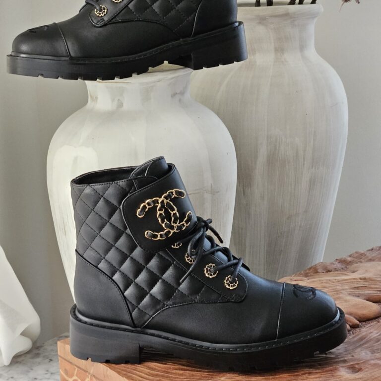 Chanel Quilted Leather Chain CC Lace-Up Combat Boots 4