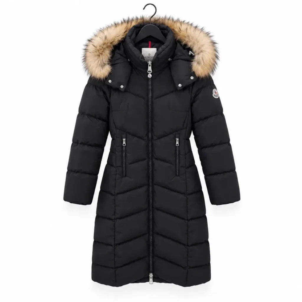 Moncler Long Down Coat with Fur-Trimmed Hood