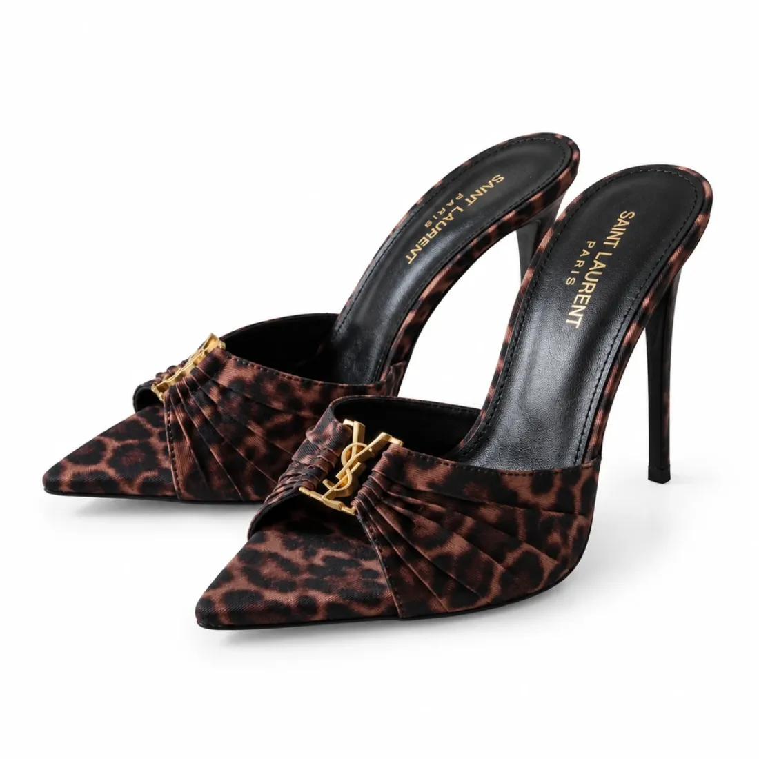 Saint Laurent Cassandra Leopard-Print Draped Mules Saint Laurent Cassandra Leopard-Print Draped