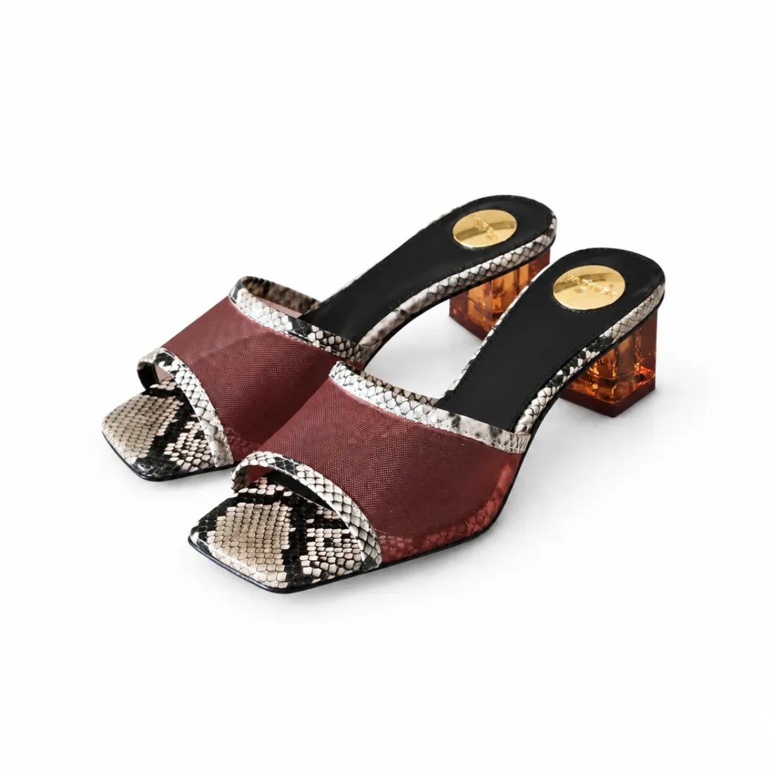 Saint Laurent Python-Trim Mesh Heeled Mules Saint Laurent Python-Trim Mesh Heeled
